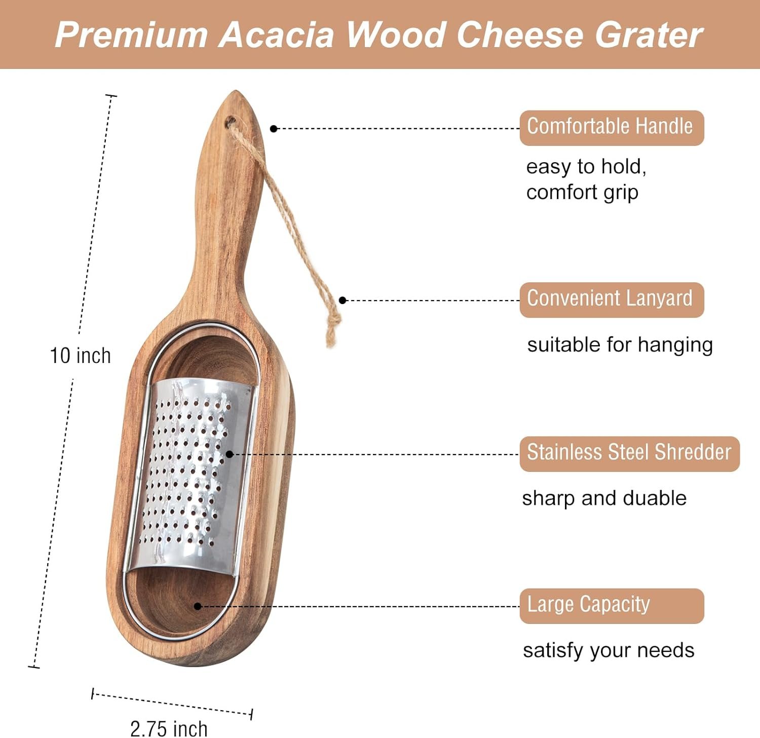 Wooden Cheese Grater with Handle,Rustic Brown Cheese Shredder with Storage Space,Handheld Kitchen Graters for Cheese Lemon Chocolate