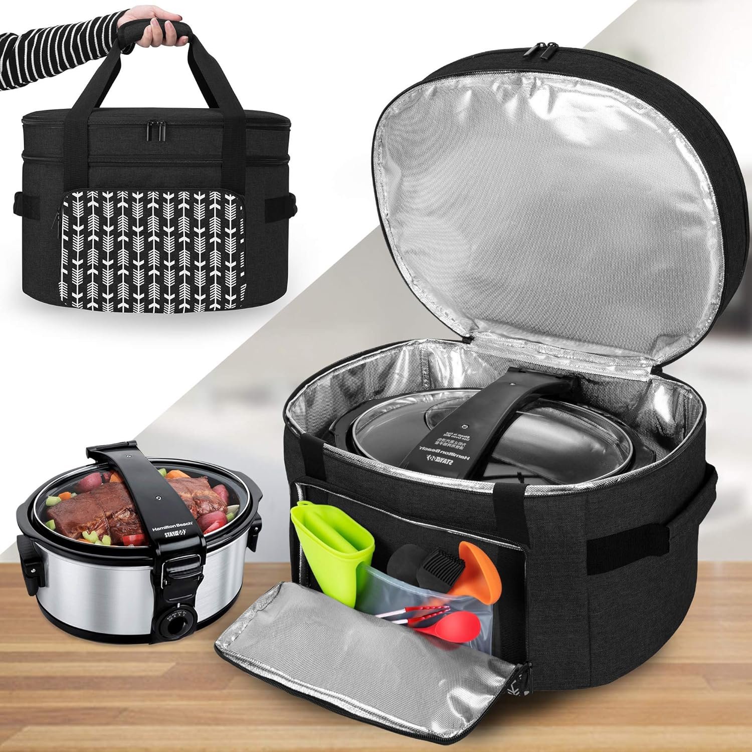 YARWO Slow Cooker Travel Bag with Bottom Board Compatible with Crock-Pot and Hamilton Beach 6-8 Quart Oval Slow Cooker, Double Layers Slow Cooker Carrier, Gray with Arrow (Bag Only, Patent Pending) YARWO Slow Cooker Travel Bag with Bottom Board Compatible with Crock-Pot and Hamilton Beach 6-8 Quart Oval Slow Cooker, Double Layers Slow Cooker Carrier, Gray with Arrow (Bag Only, Patent Pending)