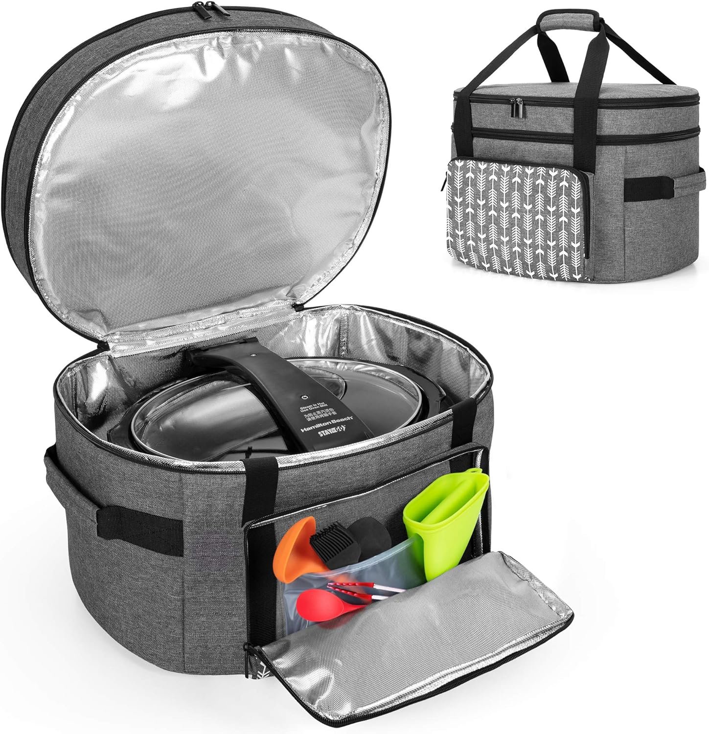 YARWO Slow Cooker Travel Bag with Bottom Board Compatible with Crock-Pot and Hamilton Beach 6-8 Quart Oval Slow Cooker, Double Layers Slow Cooker Carrier, Gray with Arrow (Bag Only, Patent Pending) YARWO Slow Cooker Travel Bag with Bottom Board Compatible with Crock-Pot and Hamilton Beach 6-8 Quart Oval Slow Cooker, Double Layers Slow Cooker Carrier, Gray with Arrow (Bag Only, Patent Pending)