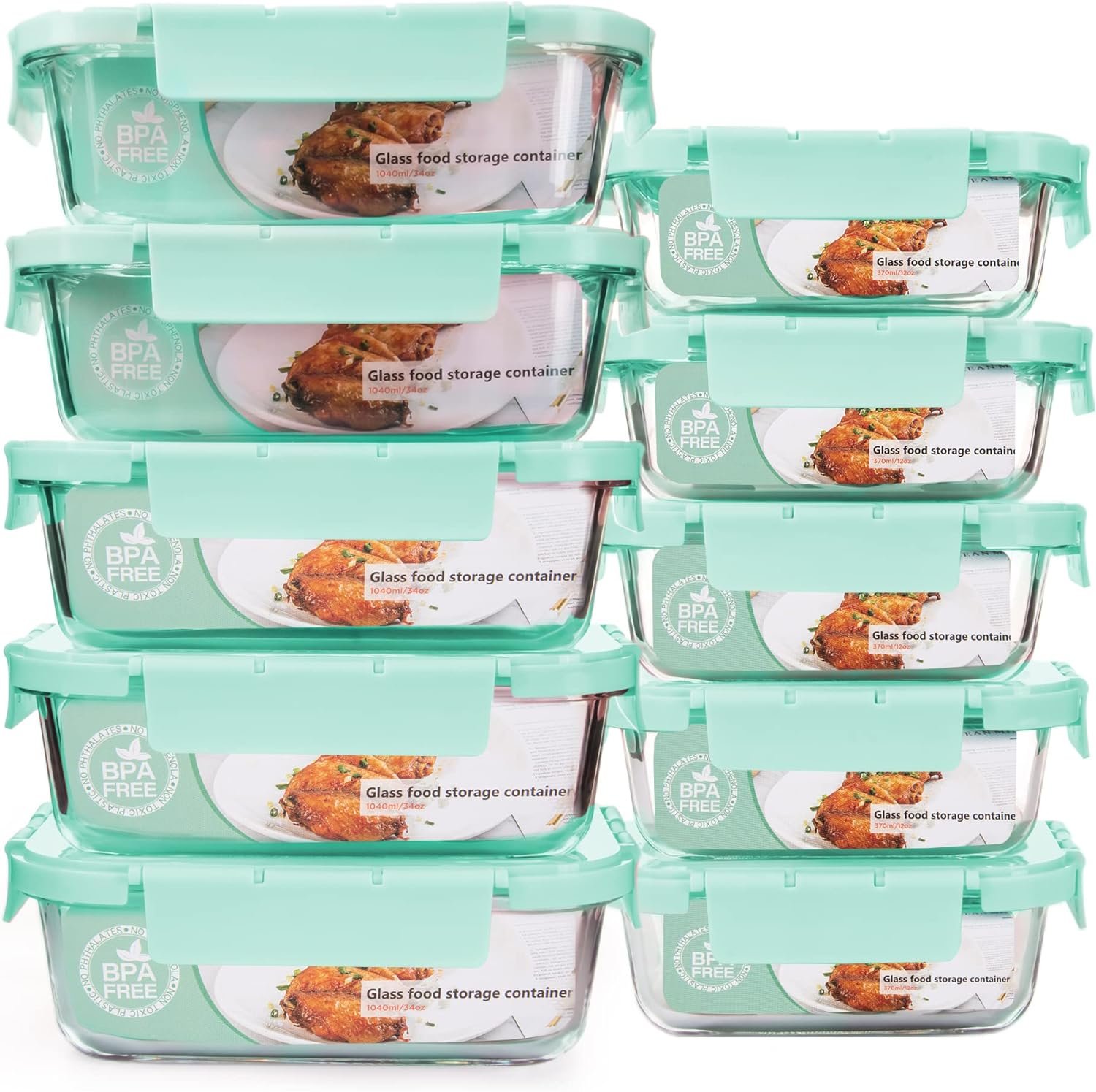 YARYOUNG Glass Food Storage Containers with Lids and Steam Vents Set of 10, Microwave and Dishwasher Safe, Mint