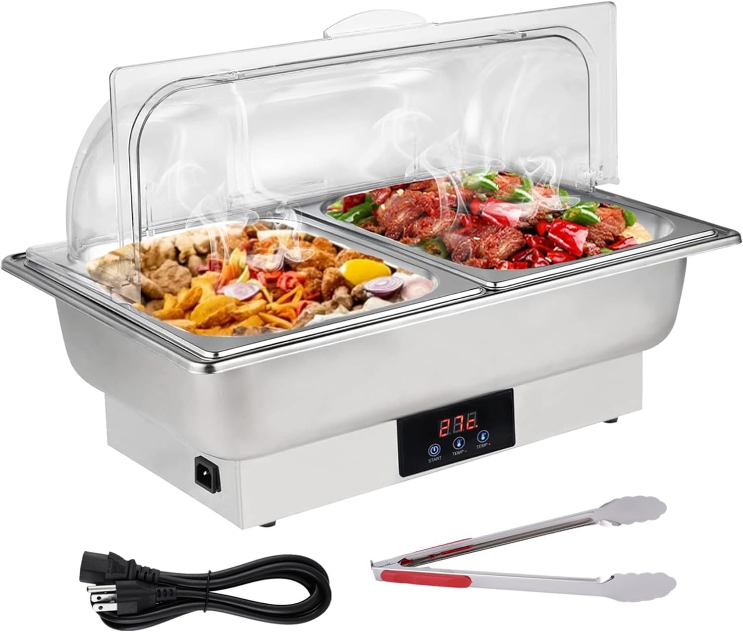 YMJOINMX Roll Top Chef Chafing Dish Buffet Set 2 Pan Food Warmer Buffet Servers and Warmers Digital Display Temperature Warming Tray Bain Marie Food Warmer for Parties Commercial Food Steam Table