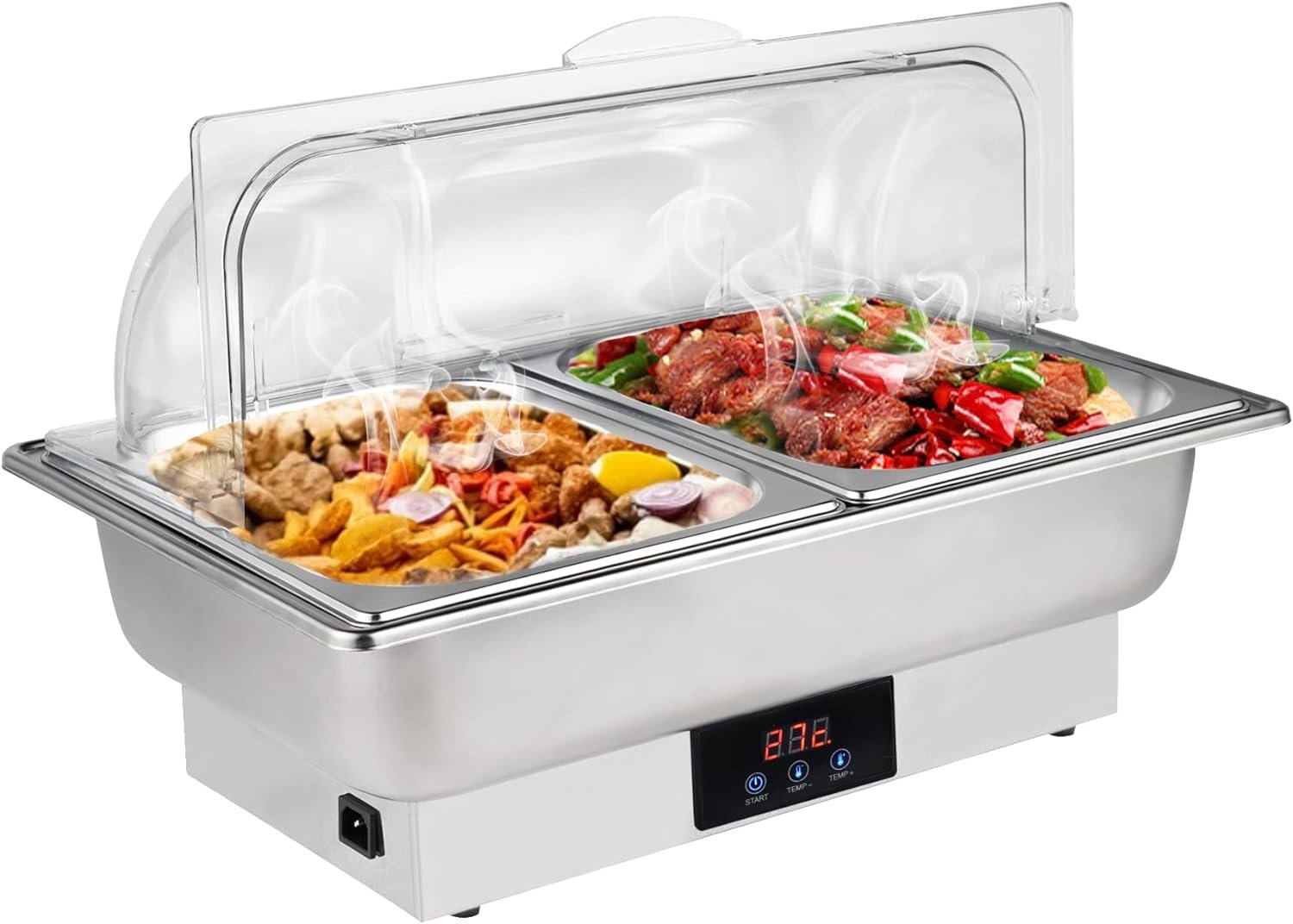 YMJOINMX Roll Top Chef Chafing Dish Buffet Set 2 Pan Food Warmer Buffet Servers and Warmers Digital Display Temperature Warming Tray Bain Marie Food Warmer for Parties Commercial Food Steam Table