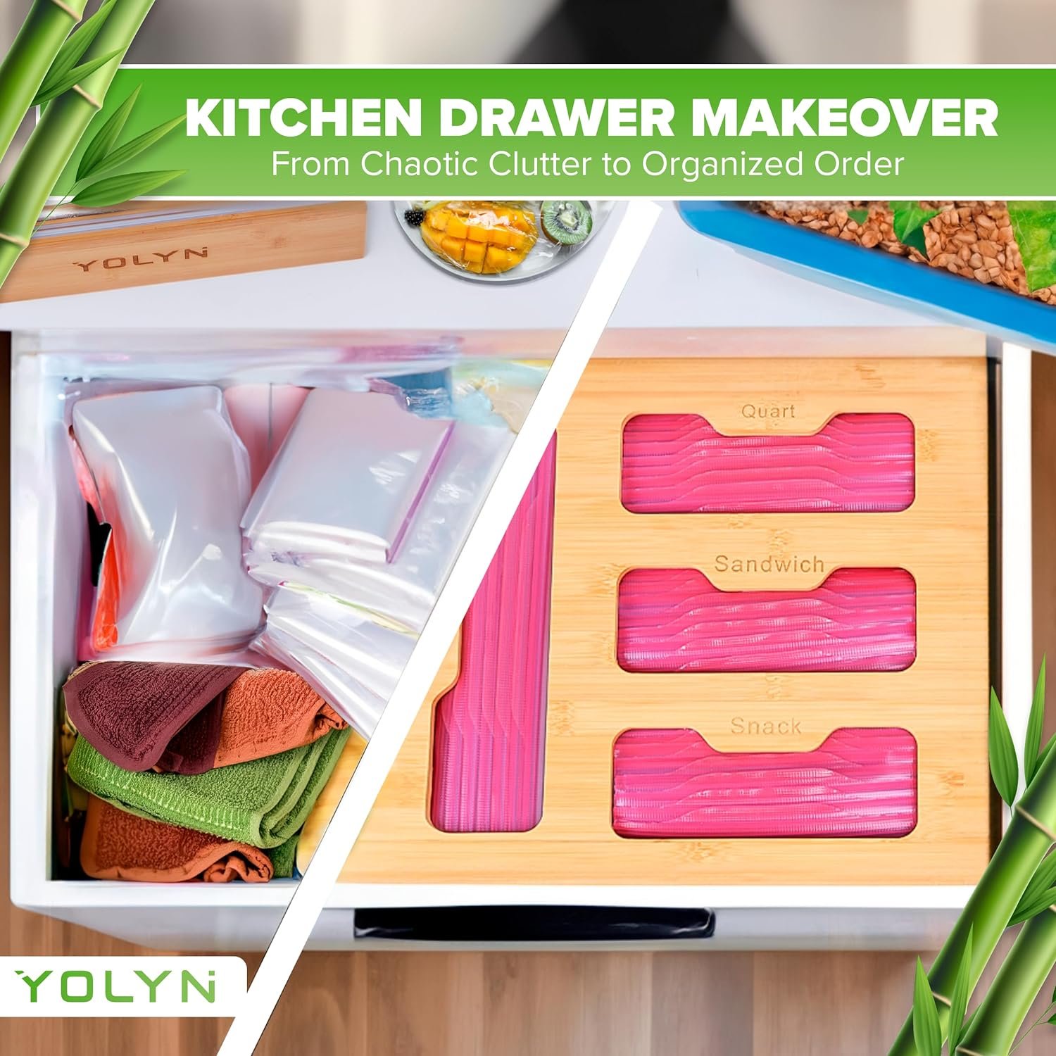 YOLYN Bamboo Kitchen Drawer Organizer Box - Baggie, Foil, Plastic Wrap Food Storage with Dispensers Cutters for Gallon, Quart, Sandwich Snack Bags YOLYN Bamboo Kitchen Drawer Organizer Box - Baggie, Foil, Plastic Wrap Food Storage with Dispensers Cutters for Gallon, Quart, Sandwich Snack Bags