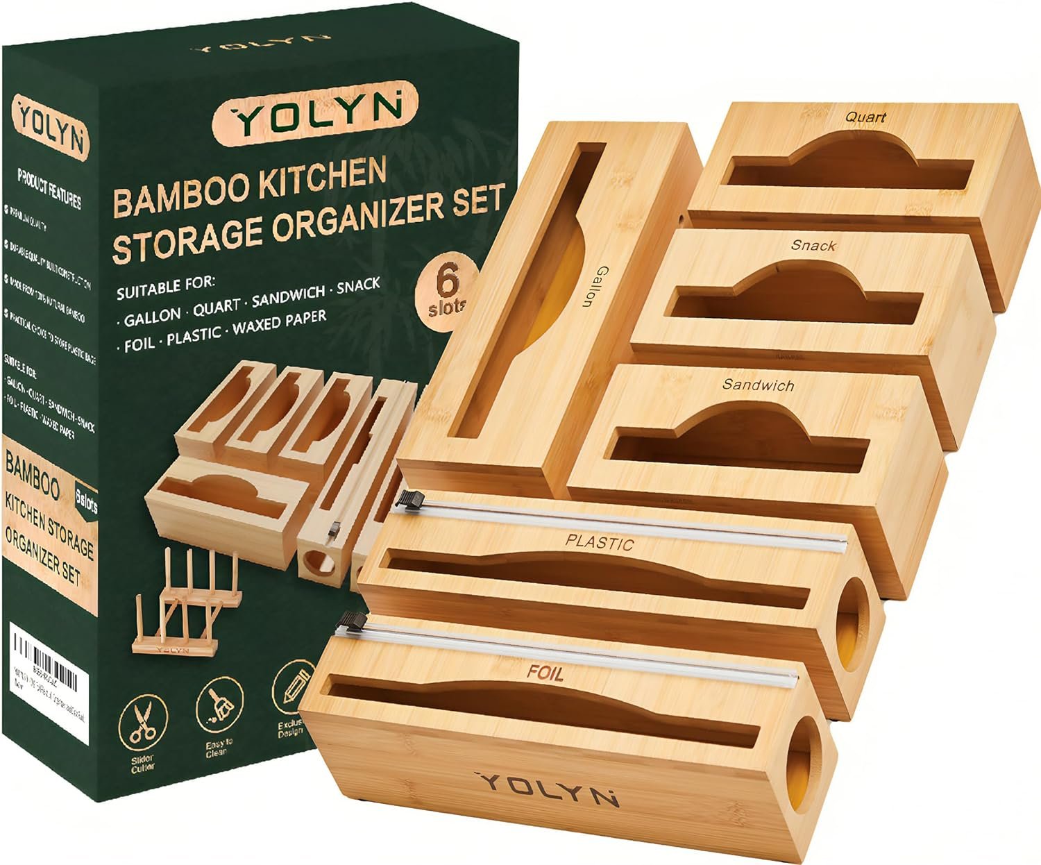 yolyn-bamboo-kitchen-drawer-organizer-box-baggie-foil-plastic-wrap-food-storage-with-dispensers-cutters-for-gallon-quart - Cooking Appliance World