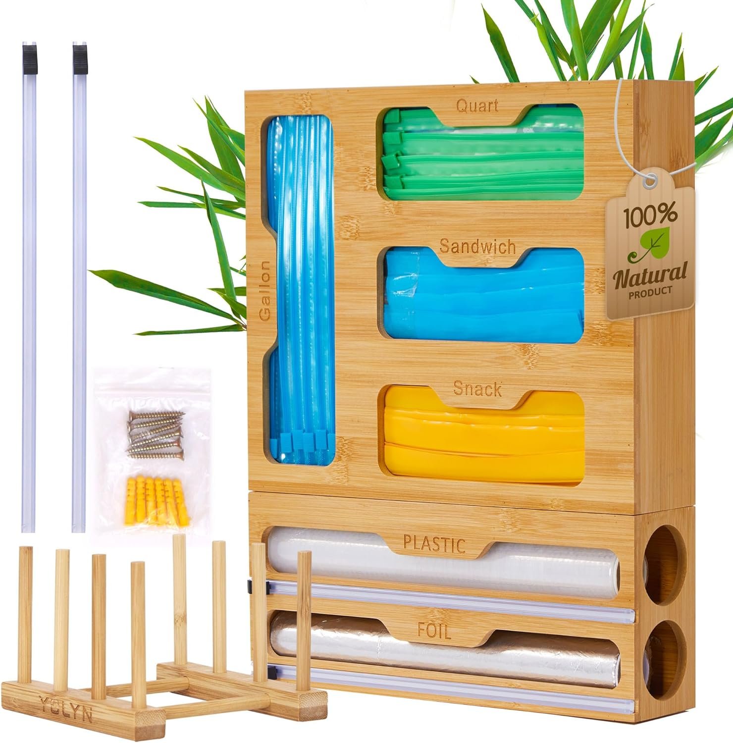 YOLYN Bamboo Kitchen Drawer Organizer Box - Baggie, Foil, Plastic Wrap Food Storage with Dispensers Cutters for Gallon, Quart, Sandwich Snack Bags YOLYN Bamboo Kitchen Drawer Organizer Box - Baggie, Foil, Plastic Wrap Food Storage with Dispensers Cutters for Gallon, Quart, Sandwich Snack Bags
