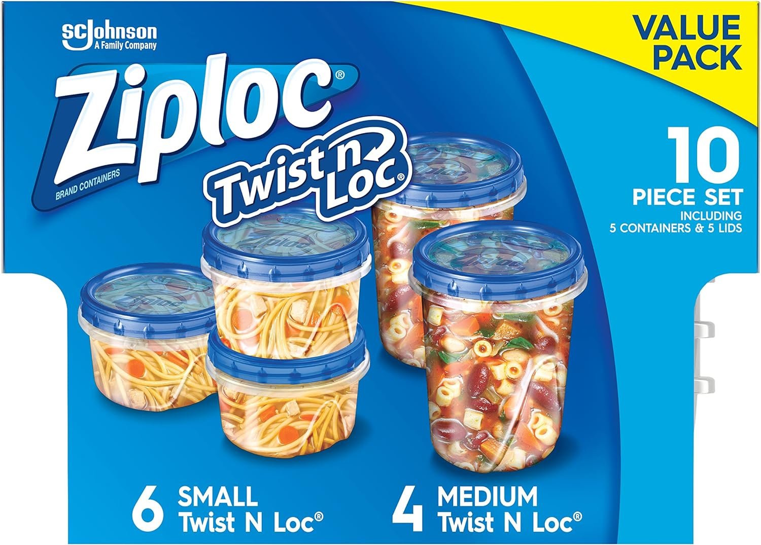 Ziploc Twist N Loc Food Storage Meal Prep Containers Reusable for Kitchen Organization, Dishwasher Safe, Medium Round, 4 Count
