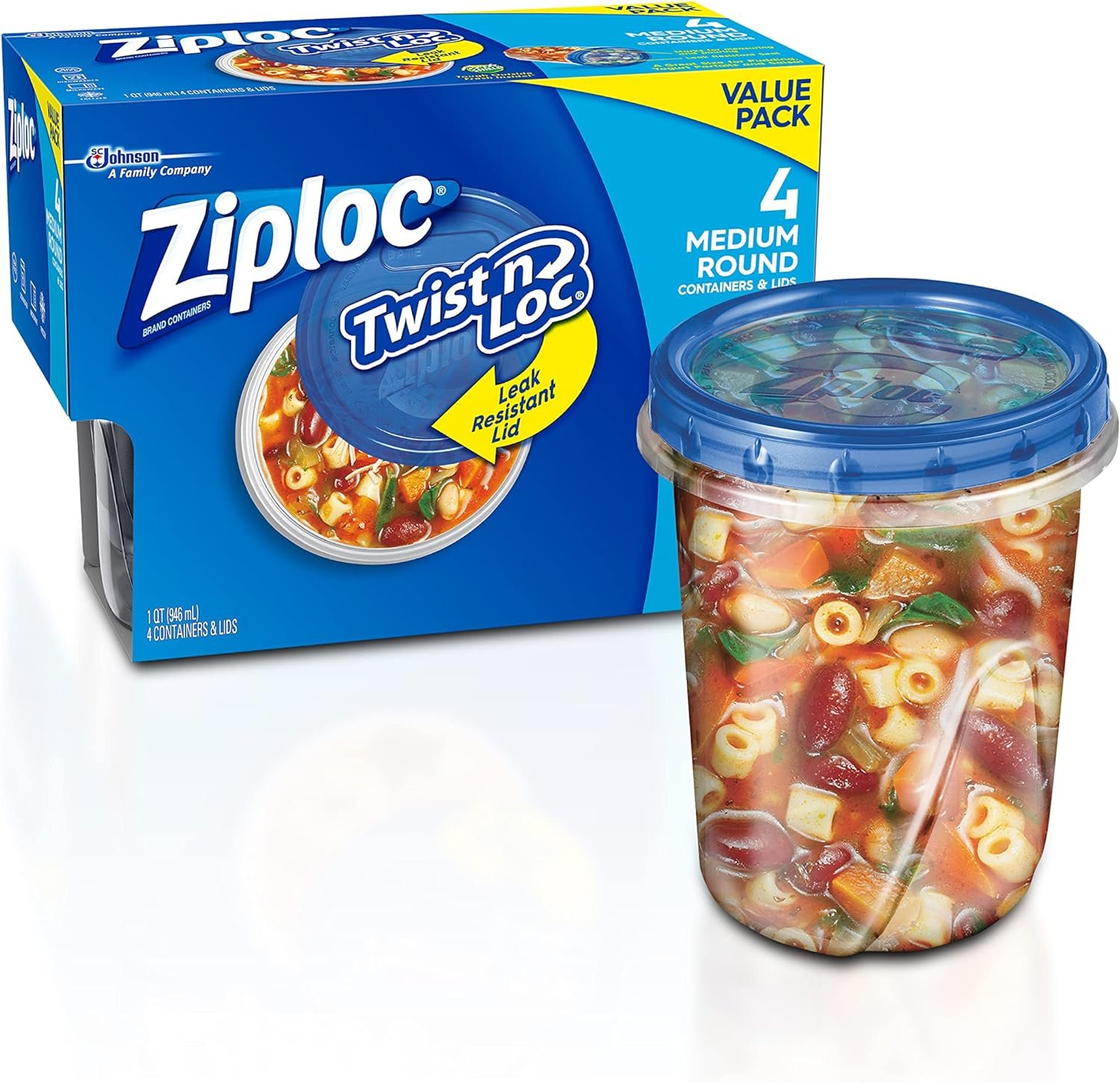 Ziploc Twist N Loc Food Storage Meal Prep Containers Reusable for Kitchen Organization, Dishwasher Safe, Medium Round, 4 Count