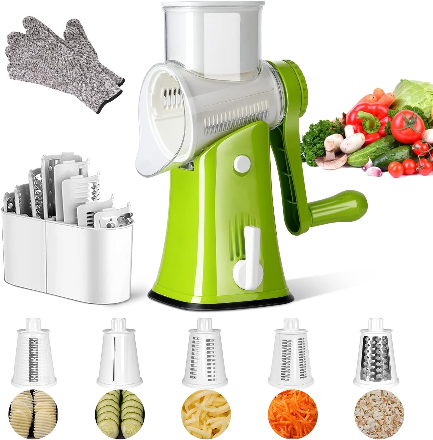 ZNM Rotary Cheese Grater, Hand Crank Cheese Grater with Handle  5 Interchangeable Blades, Plastic Round Mandoline Slicer for kitchen, Vegetable Cutter for Nut, Carrot, Cucumber, Fruit, Send Gloves ZNM Rotary Cheese Grater, Hand Crank Cheese Grater with Handle  5 Interchangeable Blades, Plastic Round Mandoline Slicer for kitchen, Vegetable Cutter for Nut, Carrot, Cucumber, Fruit, Send Gloves
