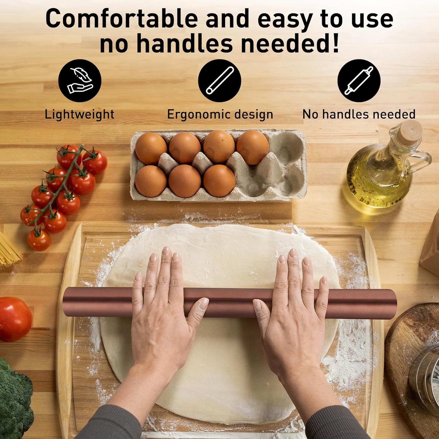Zulay Kitchen 15.9 inch Professional Stainless Steel Rolling Pin - Lightweight Metal French Rolling Pin - Perfect for Baking, Fondant, Pizza Dough Roller, Dumpling - Copper